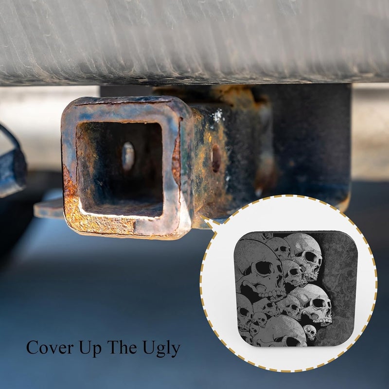 Tnomchey Skull Heap Hitch Covers Black and White Skull Human Skeleton Funny Thriller Black Square Towing Hitch Covers 2” Heavy Duty Trailer Hitch Tube Cover Plug Cap Rubber for Most Vehicles SUV - Image 4